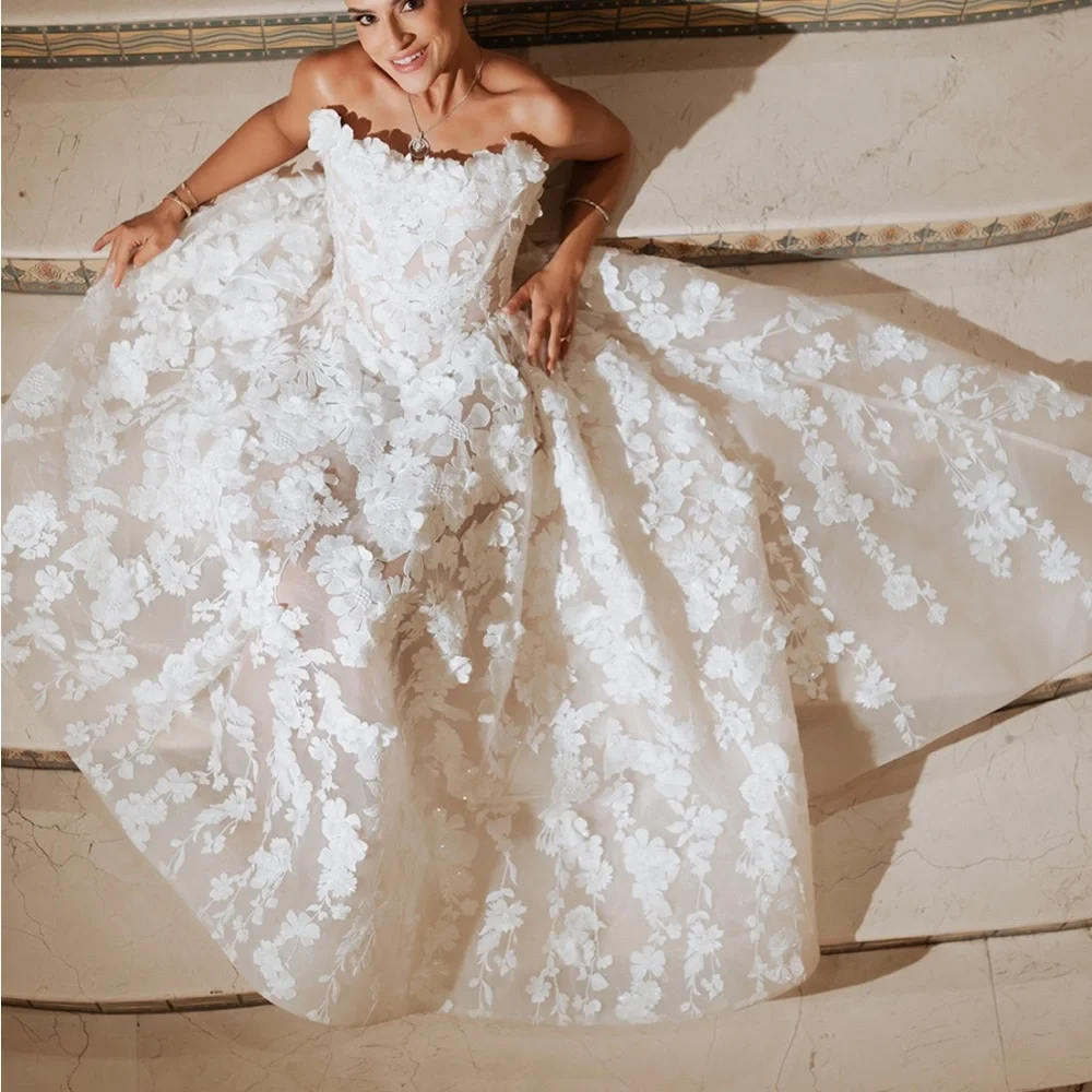 Strapless Floral Lace A-Line Wedding Dress in Ivory - Picture 7 of 7